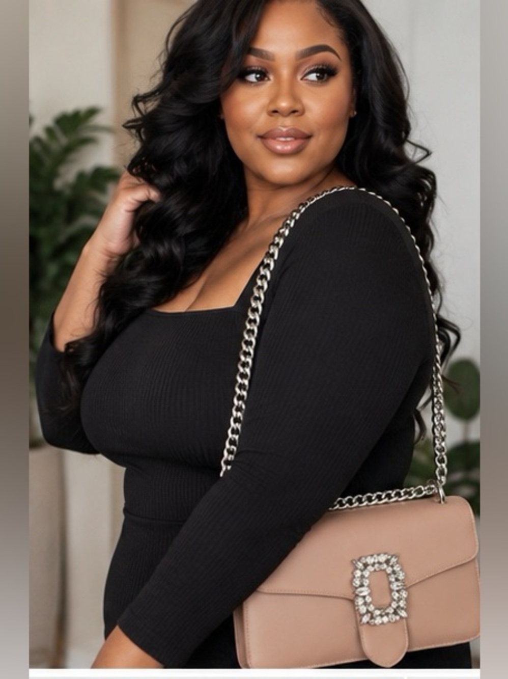Nude Rhinestone Buckle Chain Crossbody Purse